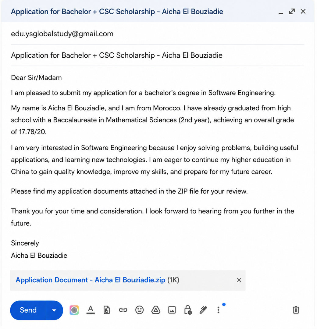 Example email application with attached application documents