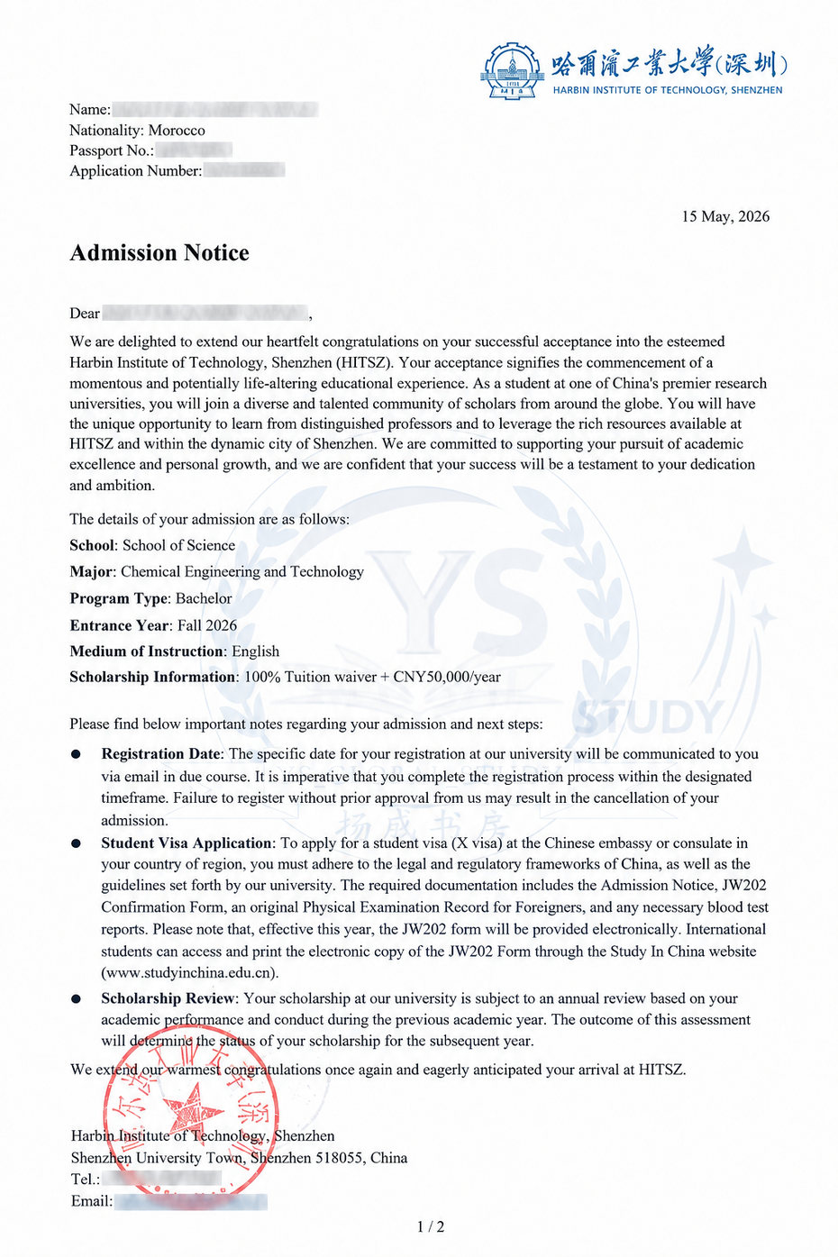 Sample university admission notice