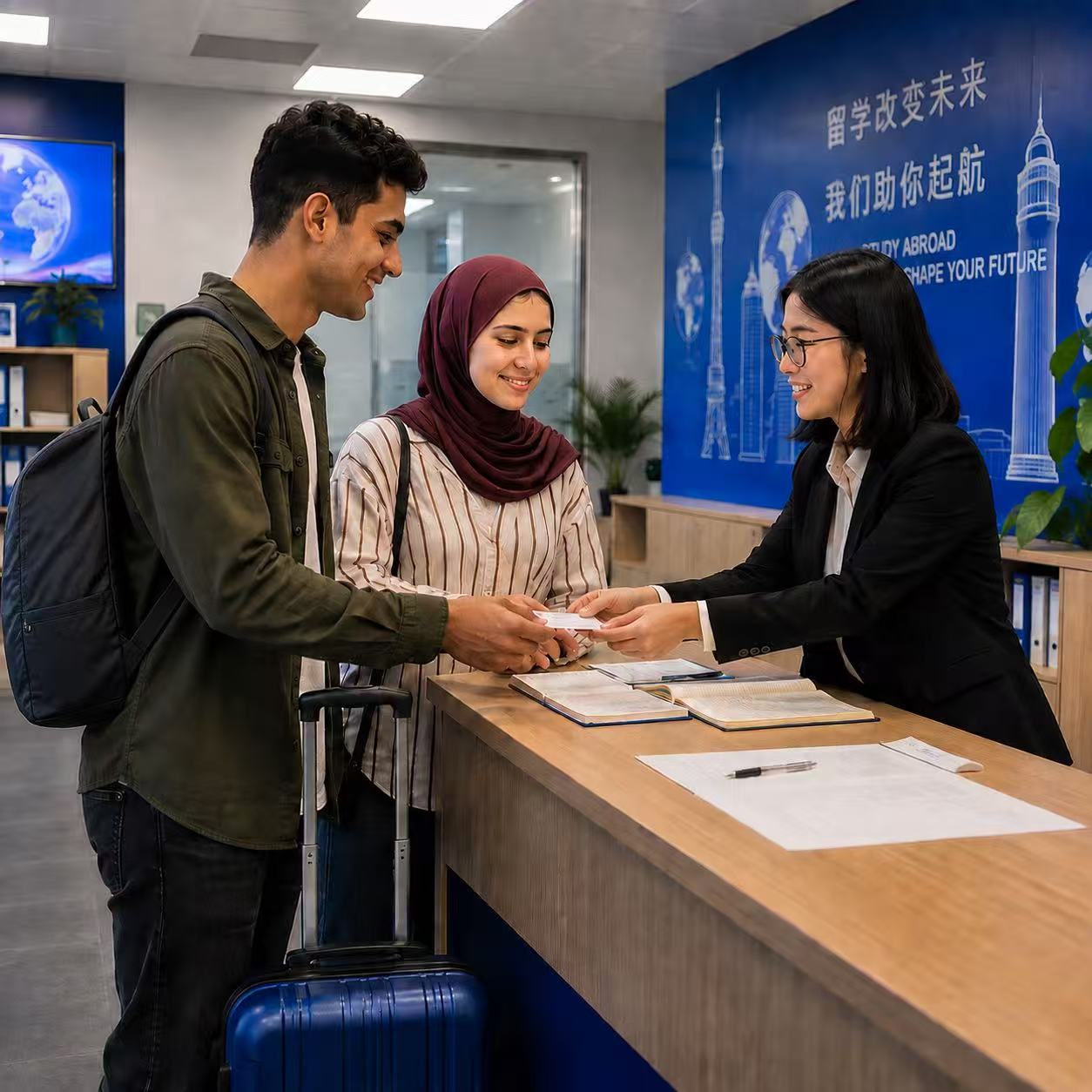 International student completing campus registration